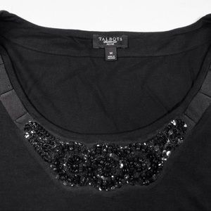 Talbots Black Scoop Neck Ribbon & Sequined 3/4 Sleeve Top Size Medium Petite